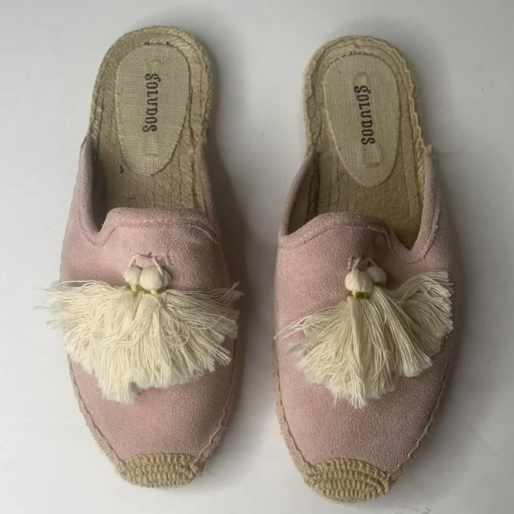 Soludos peony/pink suede tasseled espadrille mules